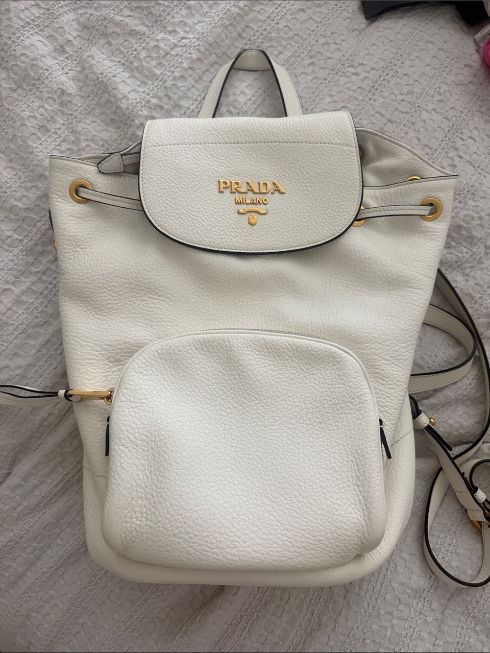 Prada White Pebbled Leather Backpack with Gold Hardware